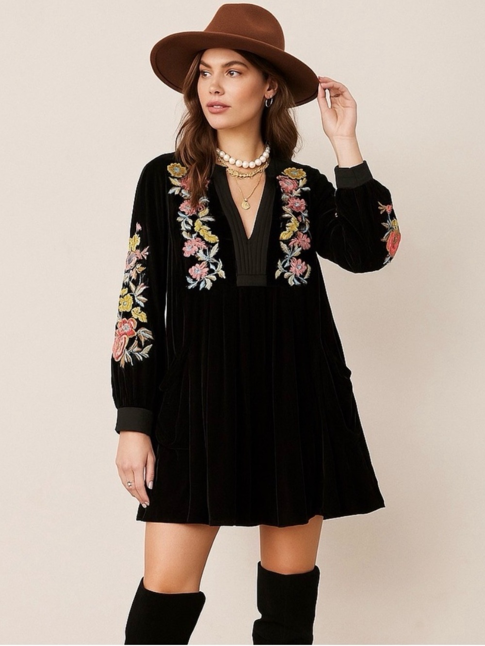 Free People Mia Black Velvet Embroidered Floral Tunic Dress XS Oversized